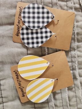 Set Of 2 Handmade Yellow & White Striped And Black & White Teardrop Earrings